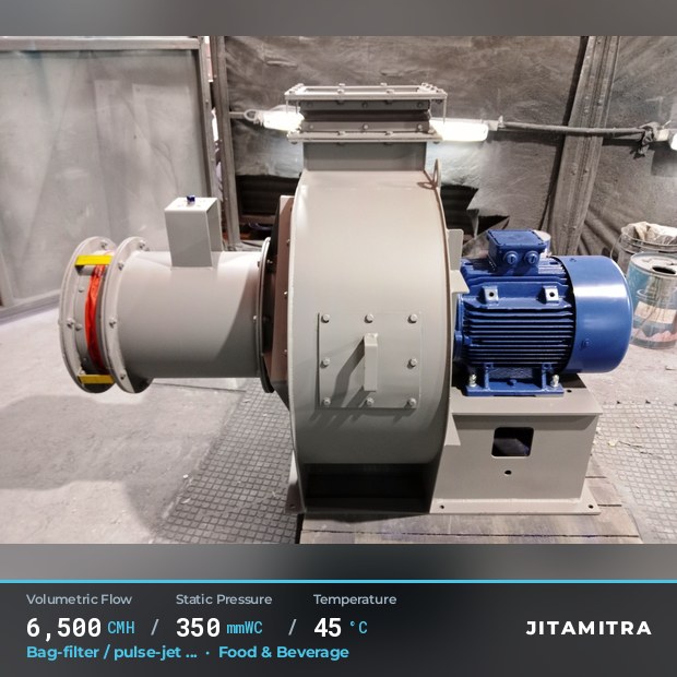 Backward-curved plate fan built by Jitamitra for bag-filter draught, 6,500 CMH at 350 mmWC and 45 °C