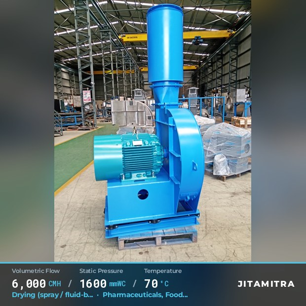 Backward-curved plate fan built by Jitamitra for spray and fluid-bed drying, 6,000 CMH at 1,600 mmWC and 70 °C