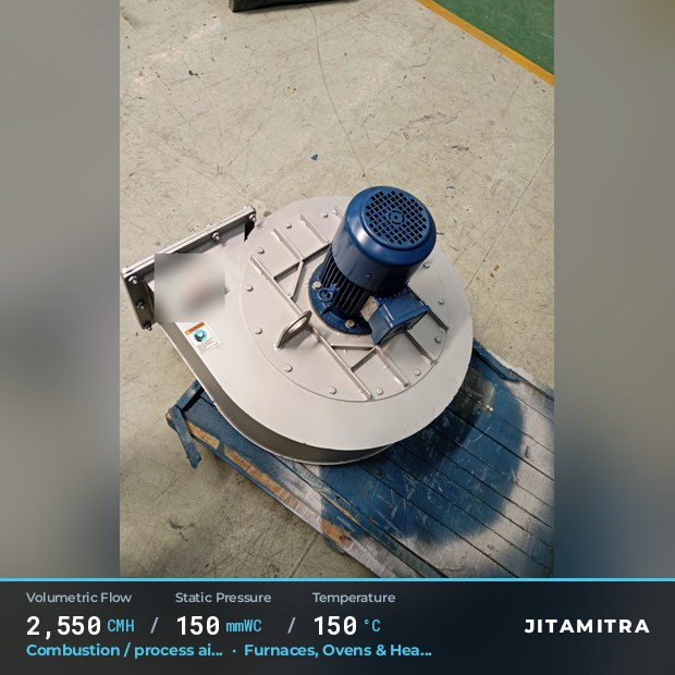 Backward-curved plate fan built by Jitamitra for combustion and process air, 2,550 CMH at 150 mmWC and 150 °C