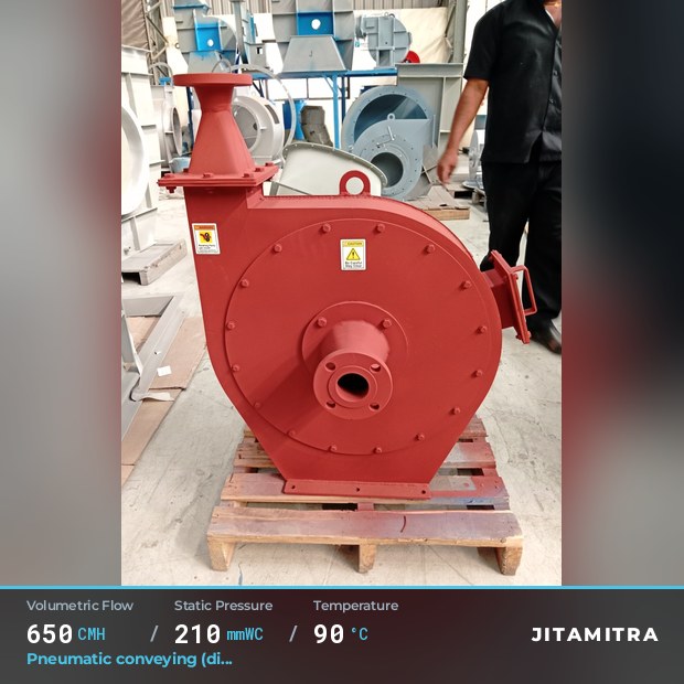 Backward-curved plate fan built by Jitamitra for pneumatic conveying, 650 CMH at 210 mmWC and 90 °C