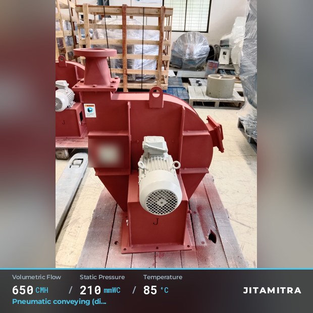 Backward-curved plate fan built by Jitamitra for pneumatic conveying, 650 CMH at 210 mmWC and 85 °C