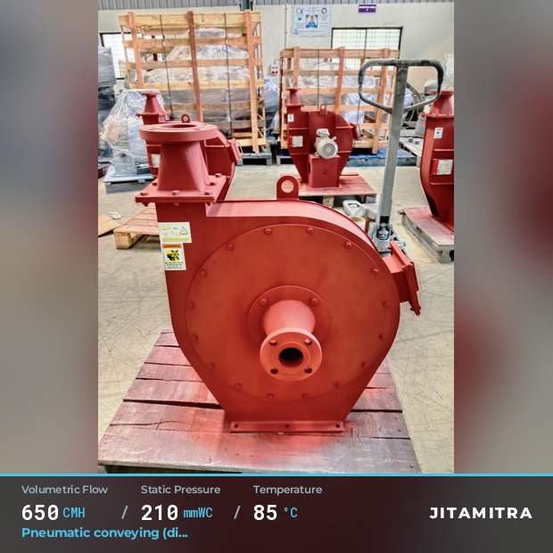 Backward-curved plate fan built by Jitamitra for pneumatic conveying, 650 CMH at 210 mmWC and 85 °C