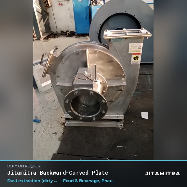 Backward-curved plate fan built by Jitamitra for dust extraction in food and beverage plants