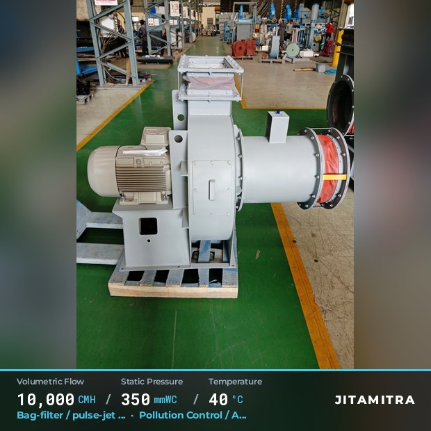 Backward-curved plate fan built by Jitamitra for bag-filter draught, 10,000 CMH at 350 mmWC and 40 °C