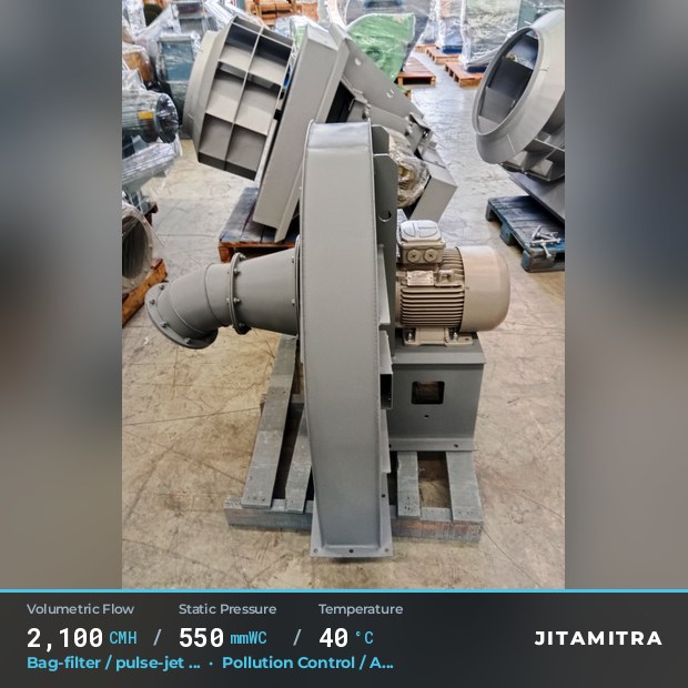 Backward-curved plate fan built by Jitamitra for bag-filter draught, 2,100 CMH at 550 mmWC and 40 °C