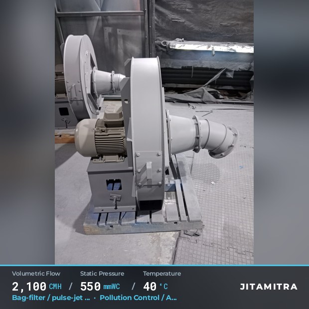 Backward-curved plate fan built by Jitamitra for bag-filter draught, 2,100 CMH at 550 mmWC and 40 °C