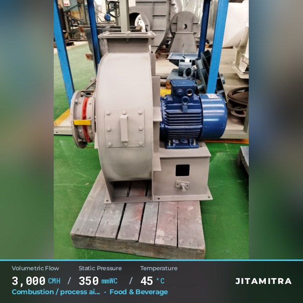 Backward-curved plate fan built by Jitamitra for combustion and process air, 3,000 CMH at 350 mmWC and 45 °C