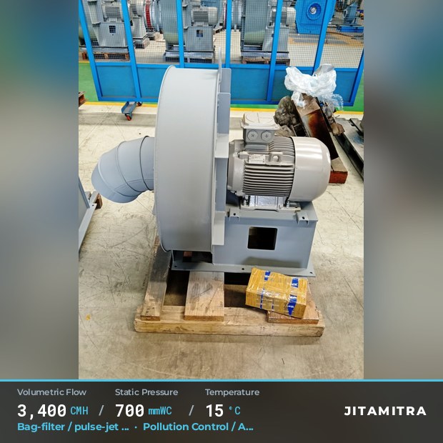 Backward-curved plate fan built by Jitamitra for bag-filter draught, 3,400 CMH at 700 mmWC and 15 °C