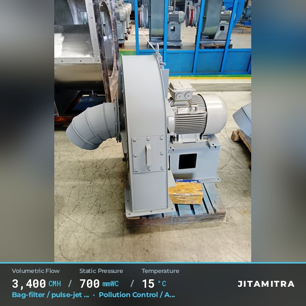 Backward-curved plate fan built by Jitamitra for bag-filter draught, 3,400 CMH at 700 mmWC and 15 °C