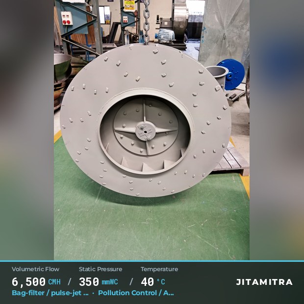 Backward-curved plate fan built by Jitamitra for bag-filter draught, 6,500 CMH at 350 mmWC and 40 °C
