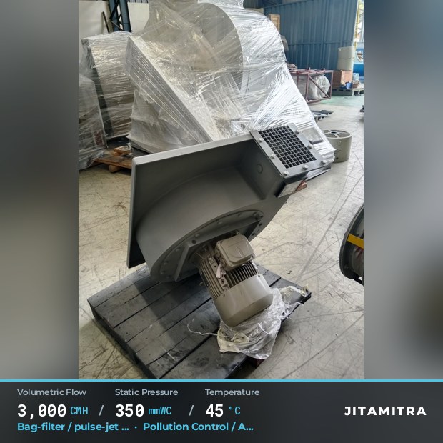 Backward-curved plate fan built by Jitamitra for bag-filter draught, 3,000 CMH at 350 mmWC and 45 °C