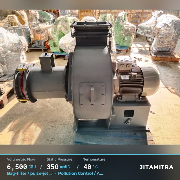 Backward-curved plate fan built by Jitamitra for bag-filter draught, 6,500 CMH at 350 mmWC and 40 °C