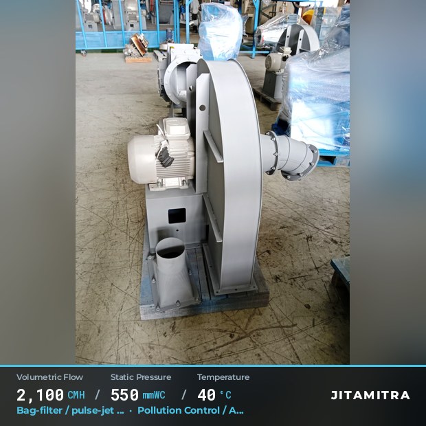 Backward-curved plate fan built by Jitamitra for bag-filter draught, 2,100 CMH at 550 mmWC and 40 °C