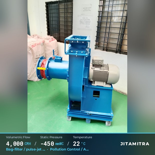 Backward-curved plate fan built by Jitamitra for bag-filter draught, 4,000 CMH at 450 mmWC and 22 °C