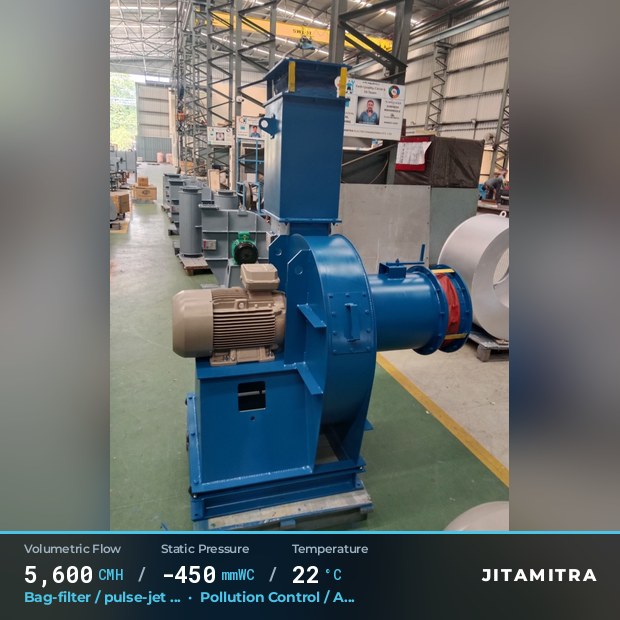 Backward-curved plate fan built by Jitamitra for bag-filter draught, 5,600 CMH at 450 mmWC and 22 °C
