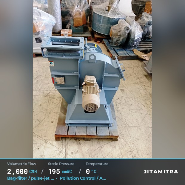 Backward-curved plate fan built by Jitamitra for bag-filter draught in pollution control OEMs, 2,000 CMH at 195 mmWC
