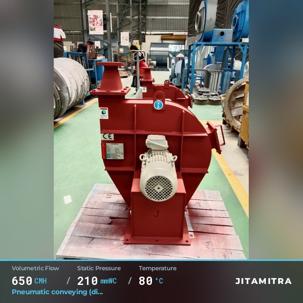 Backward-curved plate fan built by Jitamitra for pneumatic conveying, 650 CMH at 210 mmWC and 80 °C