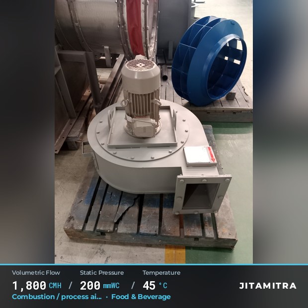 Backward-curved plate fan built by Jitamitra for combustion and process air, 1,800 CMH at 200 mmWC and 45 °C