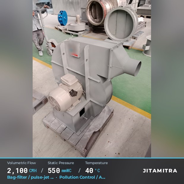 Backward-curved plate fan built by Jitamitra for bag-filter draught, 2,100 CMH at 550 mmWC and 40 °C
