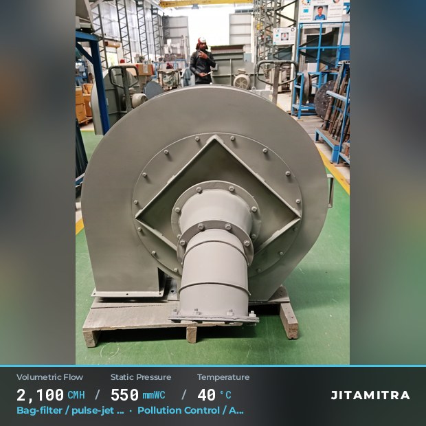 Backward-curved plate fan built by Jitamitra for bag-filter draught, 2,100 CMH at 550 mmWC and 40 °C