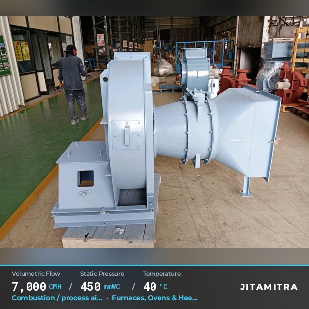 Backward-curved plate fan built by Jitamitra for combustion and process air, 7,000 CMH at 450 mmWC and 40 °C