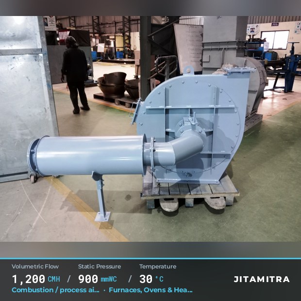 Backward-curved plate fan built by Jitamitra for combustion and process air, 1,200 CMH at 900 mmWC and 30 °C