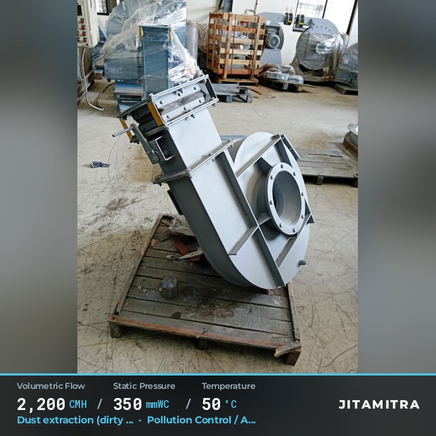 Backward-curved plate fan built by Jitamitra for dust extraction in pollution control OEMs, 2,200 CMH at 350 mmWC and 50 °C