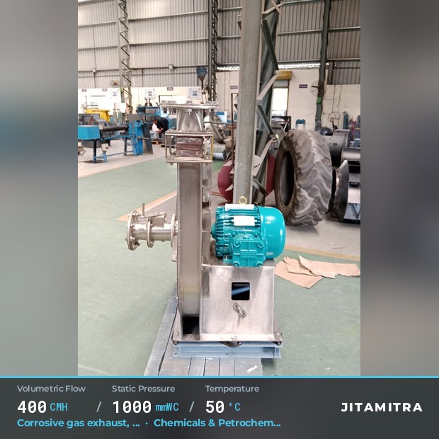 Backward-curved plate fan built by Jitamitra for corrosive gas exhaust, 400 CMH at 1,000 mmWC and 50 °C