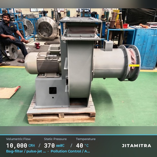 Backward-curved plate fan built by Jitamitra for bag-filter draught, 10,000 CMH at 370 mmWC and 40 °C