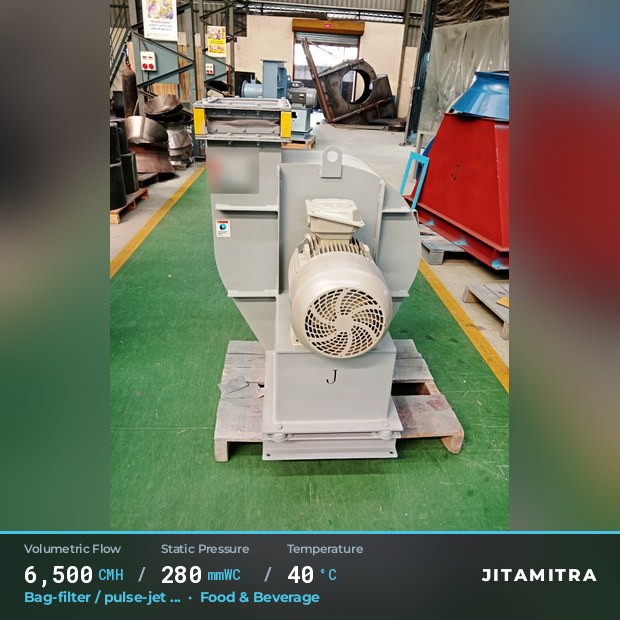 Backward-curved plate fan built by Jitamitra for bag-filter draught, 6,500 CMH at 280 mmWC and 40 °C