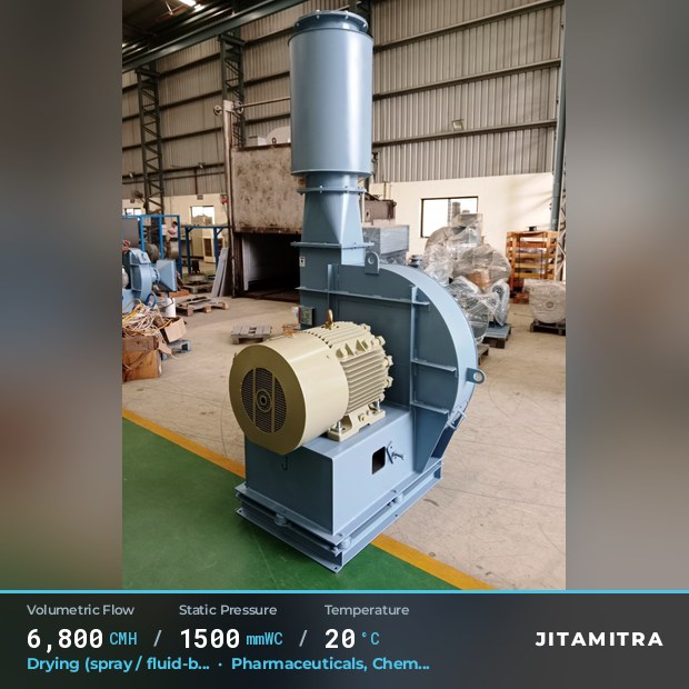 Backward-curved plate fan built by Jitamitra for spray and fluid-bed drying, 6,800 CMH at 1,500 mmWC and 20 °C