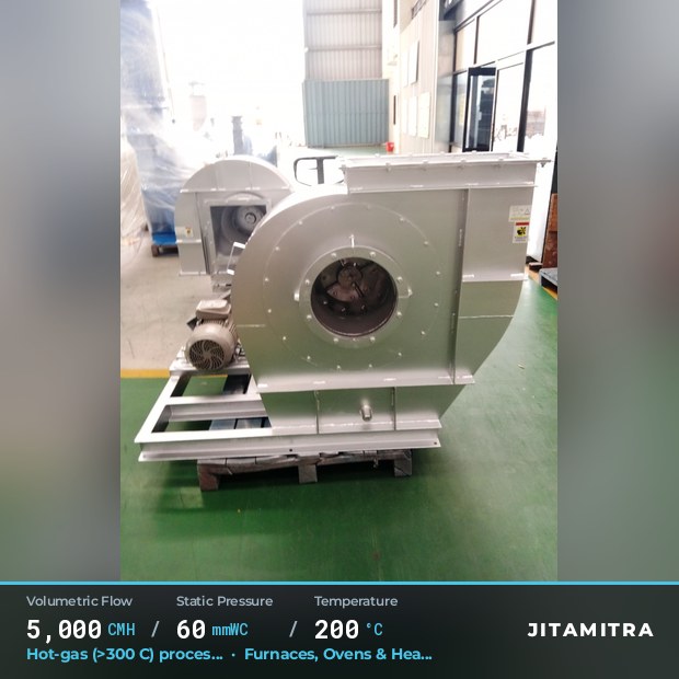 Backward-curved plate fan built by Jitamitra for quench and tempering air, 5,000 CMH at 60 mmWC and 200 °C
