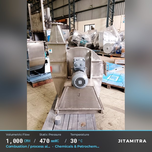 Backward-curved plate fan built by Jitamitra for combustion and process air, 1,000 CMH at 470 mmWC and 30 °C