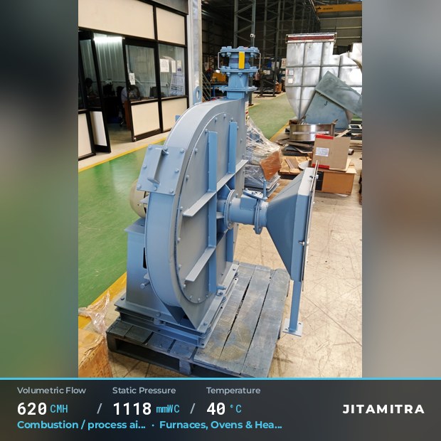 Backward-curved plate fan built by Jitamitra for combustion and process air, 620 CMH at 1,118 mmWC and 40 °C