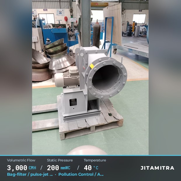 Backward-curved plate fan built by Jitamitra for bag-filter draught, 3,000 CMH at 200 mmWC and 40 °C