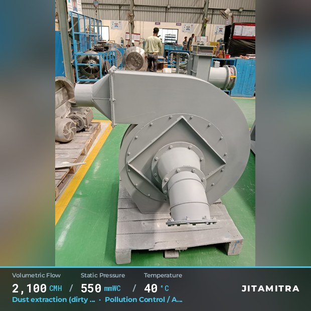 Backward-curved plate fan built by Jitamitra for dust extraction in pollution control OEMs, 2,100 CMH at 550 mmWC and 40 °C