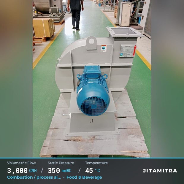 Backward-curved plate fan built by Jitamitra for combustion and process air, 3,000 CMH at 350 mmWC and 45 °C