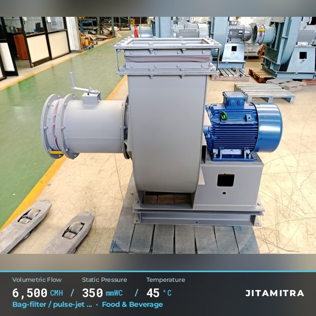 Backward-curved plate fan built by Jitamitra for bag-filter draught, 6,500 CMH at 350 mmWC and 45 °C