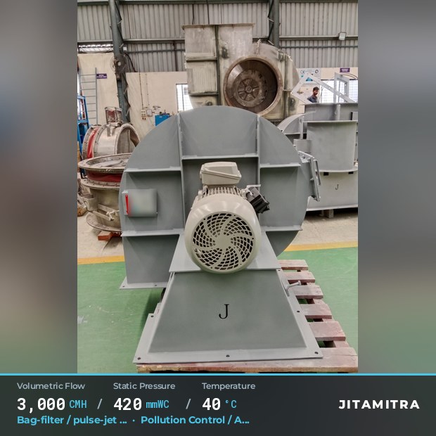 Backward-curved plate fan built by Jitamitra for bag-filter draught, 3,000 CMH at 420 mmWC and 40 °C