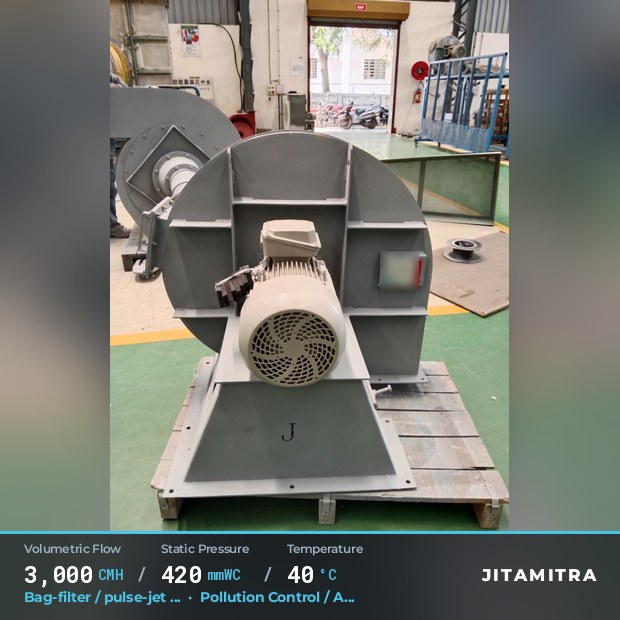 Backward-curved plate fan built by Jitamitra for bag-filter draught, 3,000 CMH at 420 mmWC and 40 °C