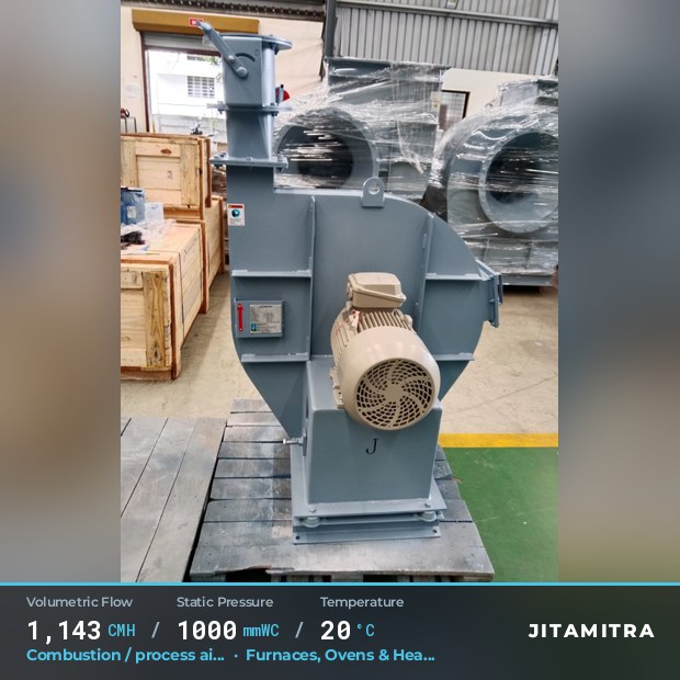 Backward-curved plate fan built by Jitamitra for combustion and process air, 1,143 CMH at 1,000 mmWC and 20 °C