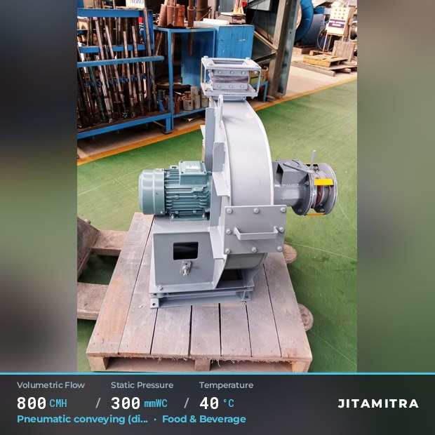 Backward-curved plate fan built by Jitamitra for pneumatic conveying, 800 CMH at 300 mmWC and 40 °C