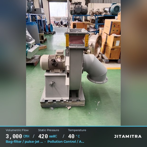 Backward-curved plate fan built by Jitamitra for bag-filter draught, 3,000 CMH at 420 mmWC and 40 °C
