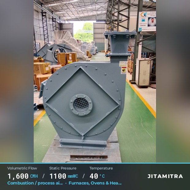 Backward-curved plate fan built by Jitamitra for combustion and process air, 1,600 CMH at 1,100 mmWC and 40 °C