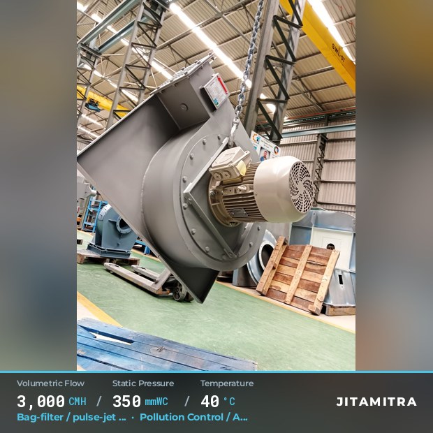 Backward-curved plate fan built by Jitamitra for bag-filter draught, 3,000 CMH at 350 mmWC and 40 °C