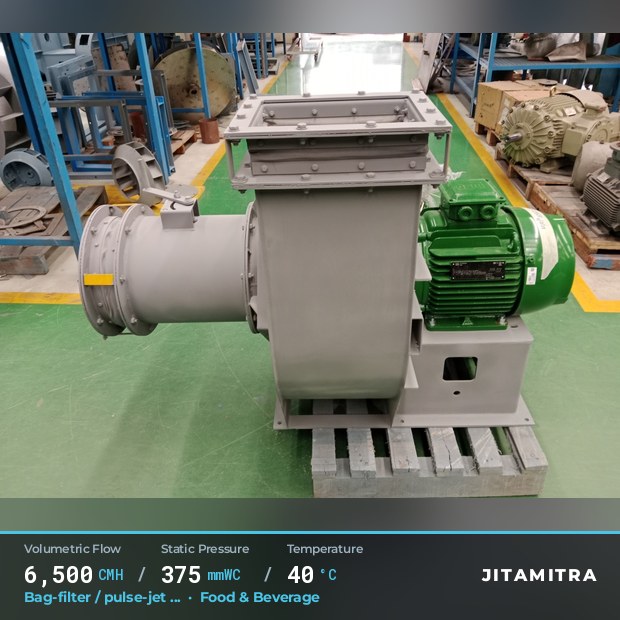 Backward-curved plate fan built by Jitamitra for bag-filter draught, 6,500 CMH at 375 mmWC and 40 °C