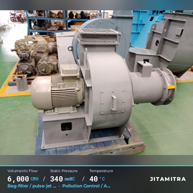 Backward-curved plate fan built by Jitamitra for bag-filter draught, 6,000 CMH at 340 mmWC and 40 °C