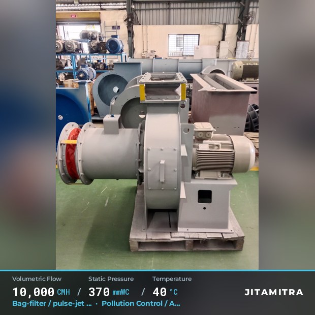 Backward-curved plate fan built by Jitamitra for bag-filter draught, 10,000 CMH at 370 mmWC and 40 °C