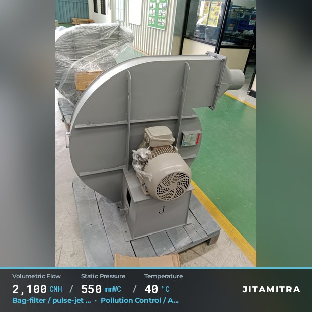 Backward-curved plate fan built by Jitamitra for bag-filter draught, 2,100 CMH at 550 mmWC and 40 °C