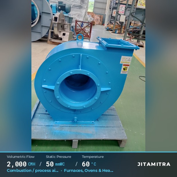 Backward-curved plate fan built by Jitamitra for combustion and process air, 2,000 CMH at 50 mmWC and 60 °C